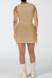 Blue Sweet Solid Patchwork Draw String Fold Asymmetrical Collar Sleeveless Two Pieces