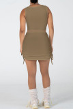 Blue Sweet Solid Patchwork Draw String Fold Asymmetrical Collar Sleeveless Two Pieces