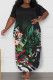 Black Casual Print Slit O Neck Long Plus Size Dresses