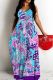 Blue Purple Sexy Print Backless Spaghetti Strap Long Dresses