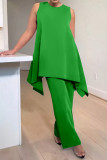 Green Casual Solid Asymmetrical O Neck Plus Size Two Pieces