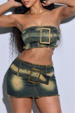 Blue Sexy Patchwork Backless Strapless Sleeveless Two Pieces