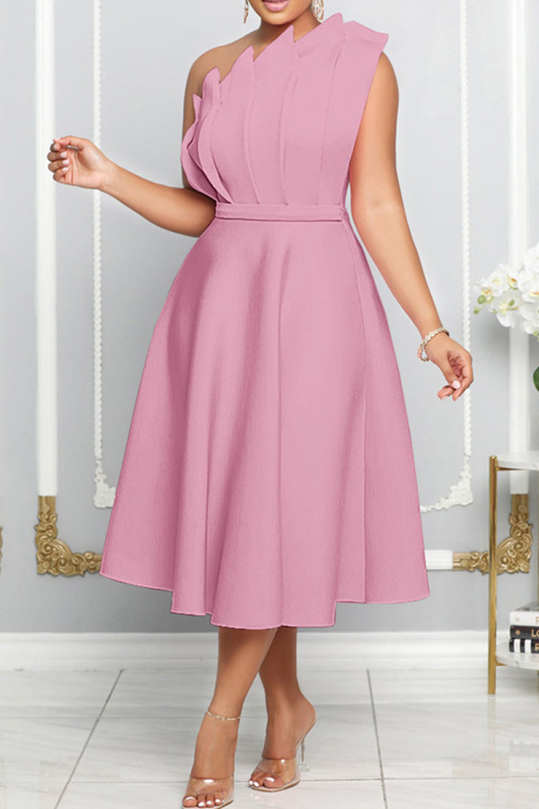 Pink Elegant Solid Patchwork Fold Oblique Collar A Line Dresses