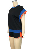 Black Casual Patchwork Contrast O Neck Short Sleeve Two Pieces