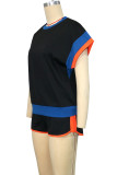 Rose Red Casual Patchwork Contrast O Neck Short Sleeve Two Pieces