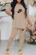 Apricot Casual Street Print Letter V Neck Short Sleeve Two Pieces