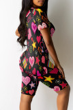 Black Casual Print Patchwork O Neck Short Sleeve Two Pieces