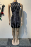 Black Casual Patchwork Hot Drill Half A Turtleneck Wrapped Skirt Dresses