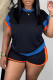 Black Casual Patchwork Contrast O Neck Short Sleeve Two Pieces