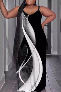 Black Casual Print Backless Spaghetti Strap Long Dresses
