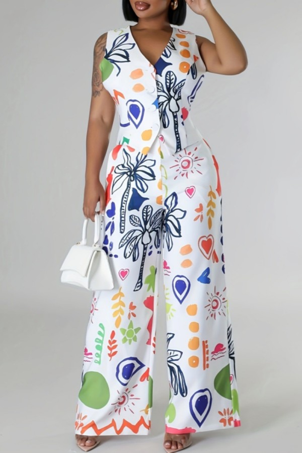 White Casual Print Buttons V Neck Sleeveless Two Pieces
