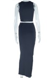 Black Casual Solid Fold Oblique Collar Sleeveless Two Pieces