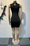 Black Casual Patchwork Hot Drill Half A Turtleneck Wrapped Skirt Dresses