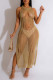 Gold Sexy Solid Hollowed Out See-through Slit O Neck Beach Dresses