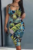 Green Casual Print Basic U Neck Vest Dresses