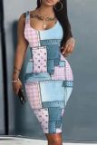 Green Casual Print Basic U Neck Vest Dresses