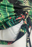 Rose Red Street Print Patchwork Draw String O Neck Sleeveless Two Pieces