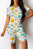 White Casual Print Patchwork O Neck Short Sleeve Two Pieces