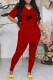 Red Casual Street Print Letter V Neck Short Sleeve Two Pieces