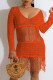 Tangerine Red Casual Solid Tassel See-through V Neck Dresses