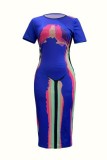 Blue Casual Print Basic O Neck Short Sleeve Short Sleeve Dress