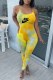 Yellow Sexy Street Print Tie Dye Backless Letter Spaghetti Strap Jumpsuits