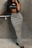 Black And White Casual Striped Patchwork Regular Mid Waist Full Print Bottoms