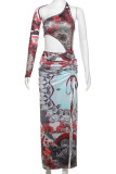 Red Elegant Print Hollowed Out Patchwork High Opening Asymmetrical Collar Long Dresses