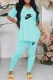 Sky Blue Casual Street Print Letter V Neck Short Sleeve Two Pieces