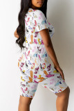 White Casual Print Patchwork O Neck Short Sleeve Two Pieces