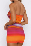Colour Sexy Gradient Patchwork Backless Fold Strapless Wrapped Skirt Dresses