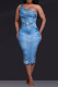 Blue Elegant Print Patchwork Backless Oblique Collar Printed Dresses