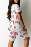 White Casual Print Patchwork O Neck Short Sleeve Two Pieces