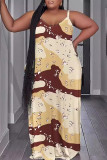 Light Yellow Casual Print Backless Spaghetti Strap Long Dresses