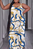 Light Yellow Casual Print Backless Spaghetti Strap Long Dresses