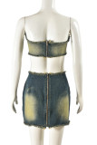 Blue Sexy Patchwork Backless Strapless Sleeveless Two Pieces