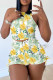 Green Yellow Street Print Patchwork Draw String O Neck Sleeveless Two Pieces