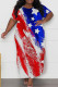 Red Blue Casual Print Slit O Neck Long Plus Size Dresses