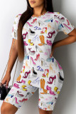 White Casual Print Patchwork O Neck Short Sleeve Two Pieces