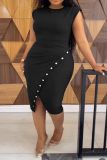 Black Casual Solid Slit O Neck Pencil Skirt Plus Size Dresses