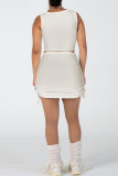 Cream White Sweet Solid Patchwork Draw String Fold Asymmetrical Collar Sleeveless Two Pieces