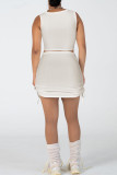 Blue Sweet Solid Patchwork Draw String Fold Asymmetrical Collar Sleeveless Two Pieces