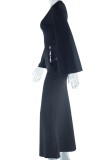 Black Casual Solid Hollowed Out Frenulum V Neck Long Dresses
