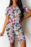 White Casual Print Patchwork O Neck Short Sleeve Two Pieces