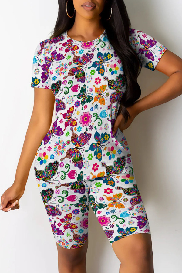 White Casual Print Patchwork O Neck Short Sleeve Two Pieces