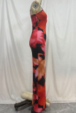 Red Street Print Patchwork Backless Slit Spaghetti Strap Sling Dresses