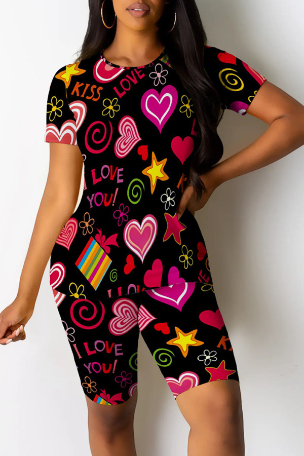 Black Casual Print Patchwork O Neck Short Sleeve Two Pieces