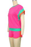 Rose Red Casual Patchwork Contrast O Neck Short Sleeve Two Pieces