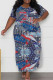 Dark Blue Casual Print Slit O Neck Long Plus Size Dresses