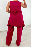 Burgundy Casual Solid Asymmetrical O Neck Plus Size Two Pieces